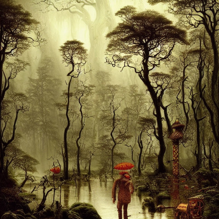 Enchanting forest scene with towering trees, river, person with red umbrella, and whimsical artifacts