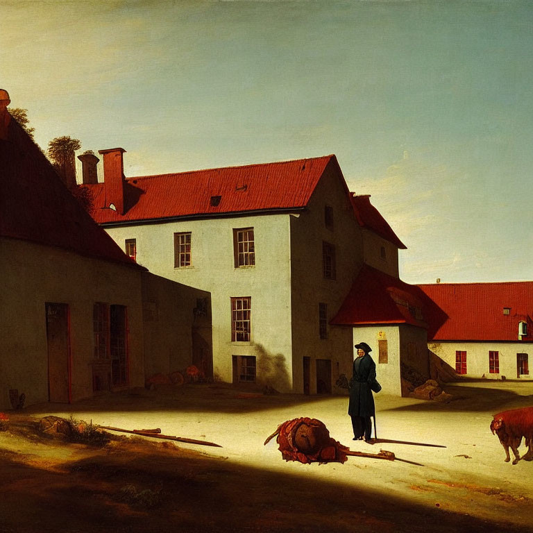 Man standing by red-roofed farmhouse with cows and horse under clear sky