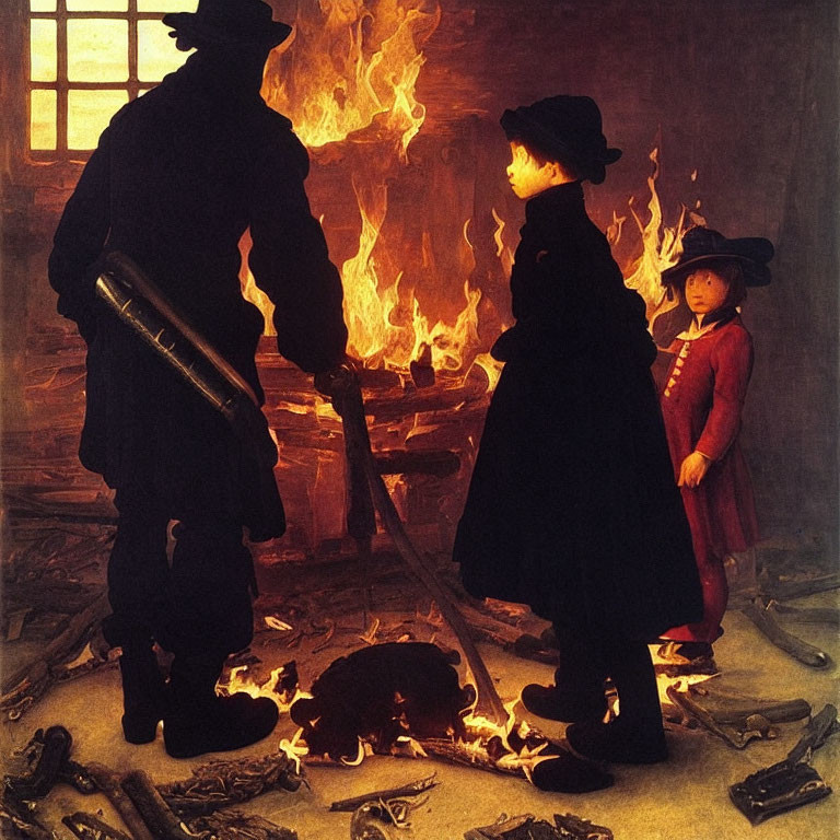 Dark room painting: children, adult, fire & scattered objects