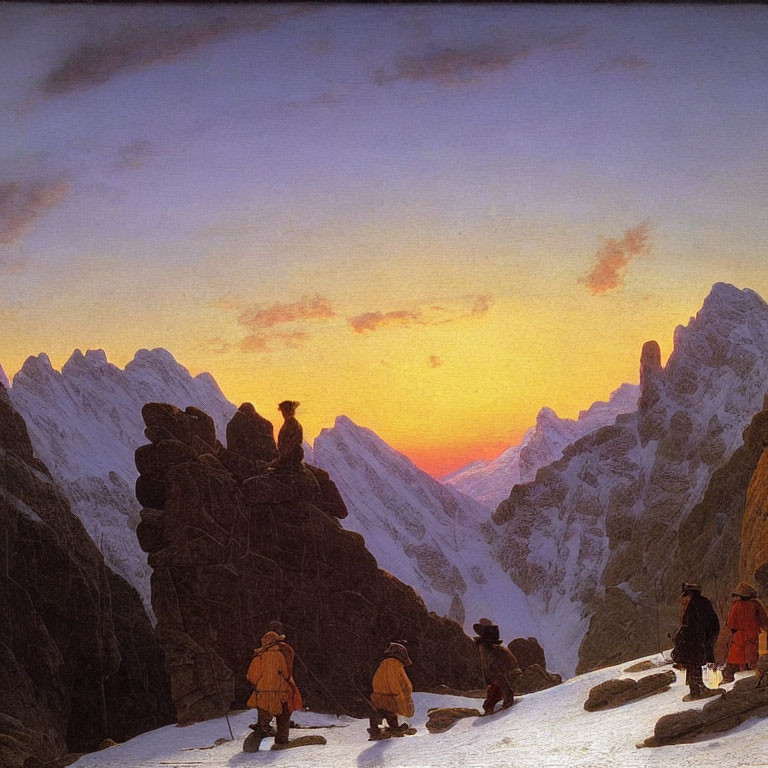 Travelers on Mountain Pass at Sunset with Vibrant Skies and Jagged Peaks