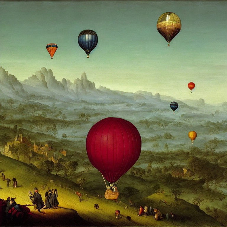 Scenic landscape with hot air balloons over hills and mountains