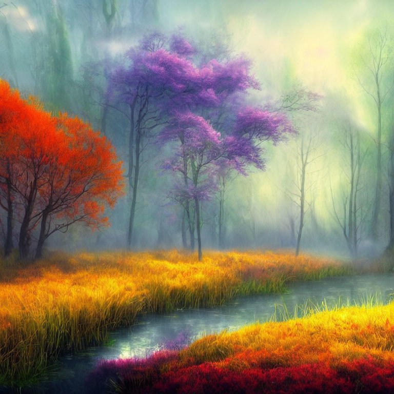 Colorful Misty Landscape with Stream and Vibrant Foliage