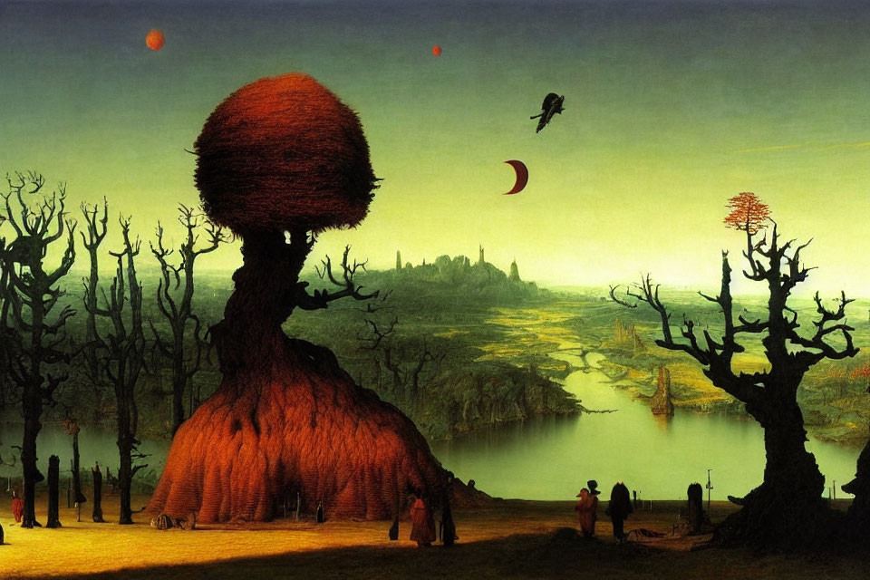 Surreal landscape with tree-like figure, castle, river, human figures, and twin moons
