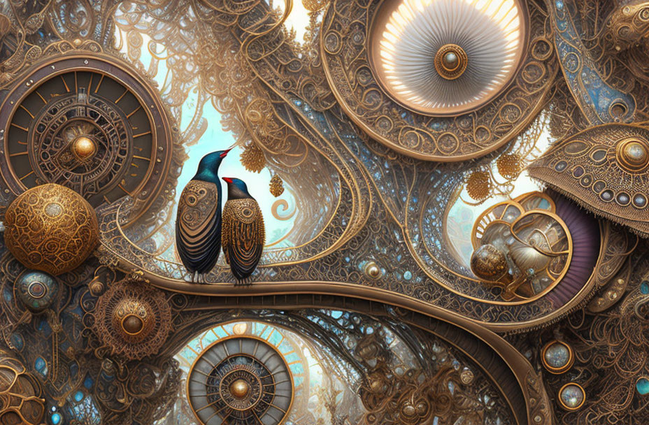 Peacock in Steampunk Setting with Cogwheels and Gears