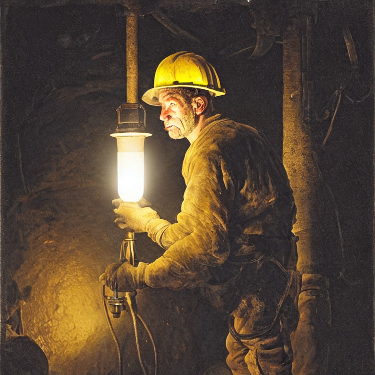 Miner with hard hat and headlamp in dark tunnel, face covered in dust