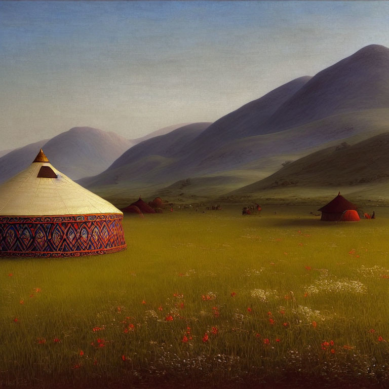 Traditional yurts in lush field with mountains and white smoke