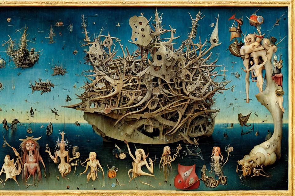 Surreal painting of ship with bizarre creatures and maritime scenes