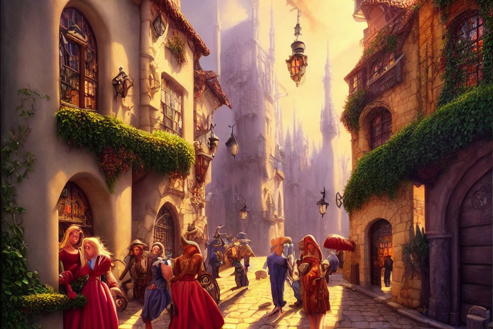Medieval-style fantasy cityscape with golden light and bustling figures.