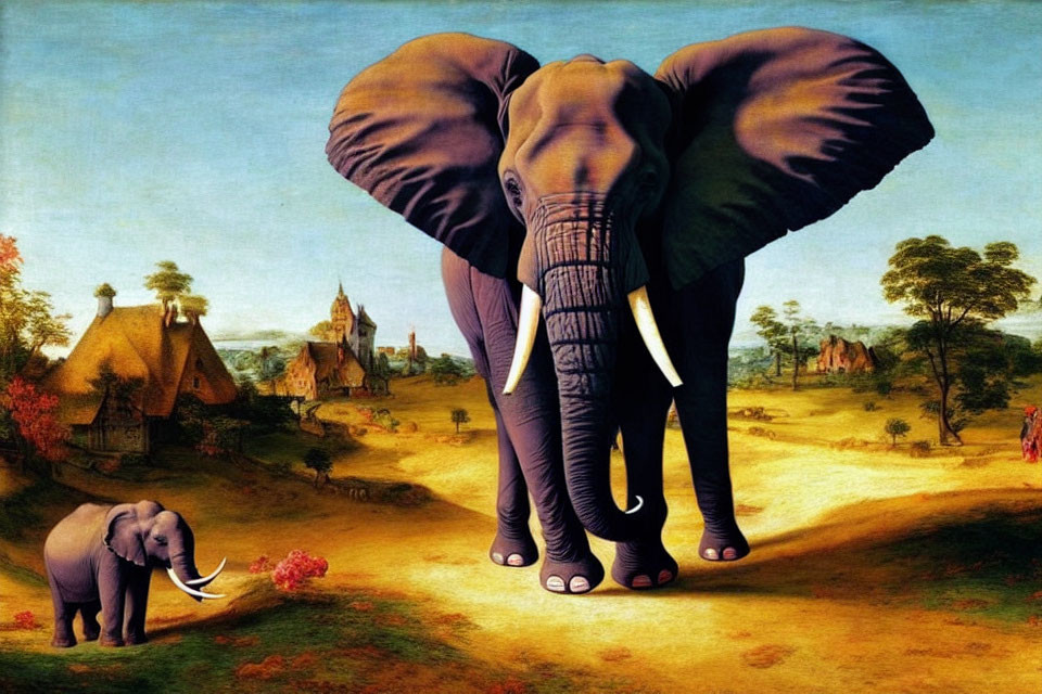 Surreal painting of giant and small elephants in countryside scenery