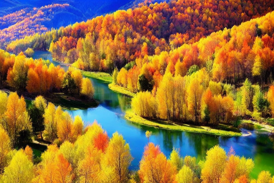 Colorful Autumn Landscape with Meandering River and Trees
