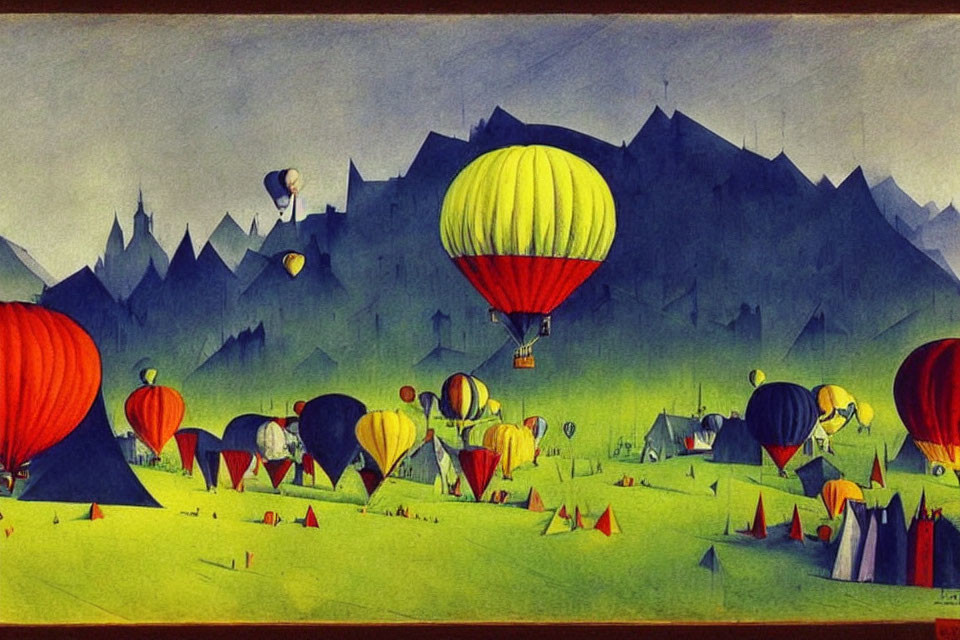 Vibrant hot air balloons on grass with mountain backdrop