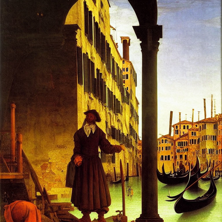 Man in period clothing by column overlooking Venice canal with gondolas & historical buildings.