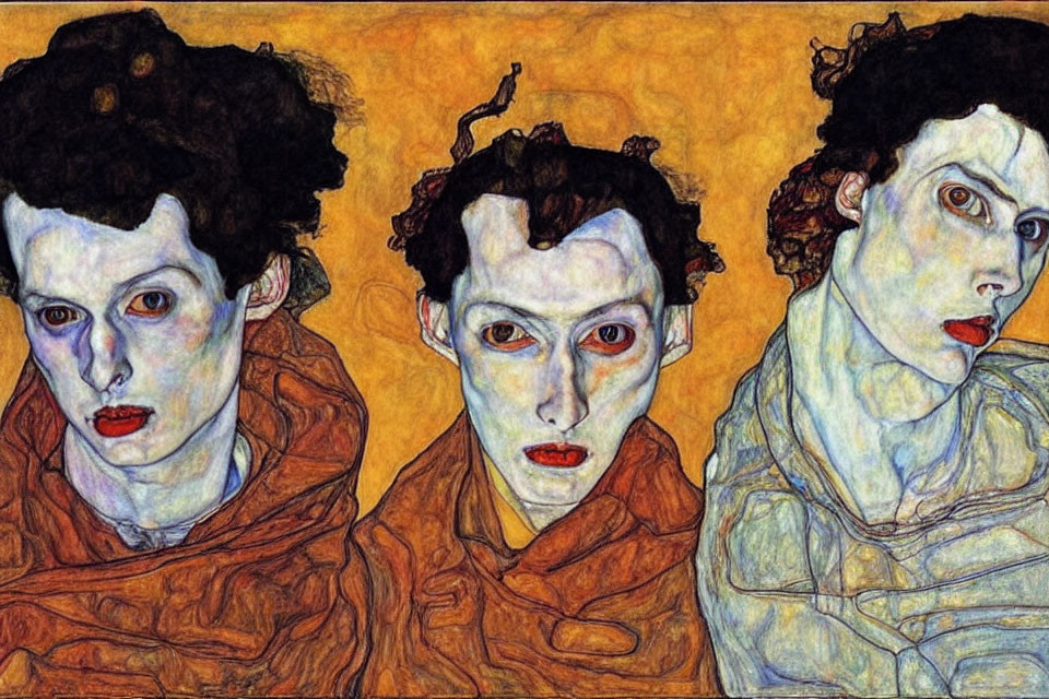 Stylized portraits with intense gaze on textured yellow-orange background