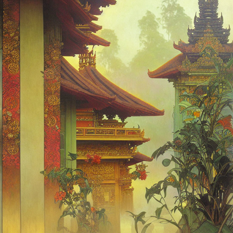 Ornate Asian temples in misty lush surroundings
