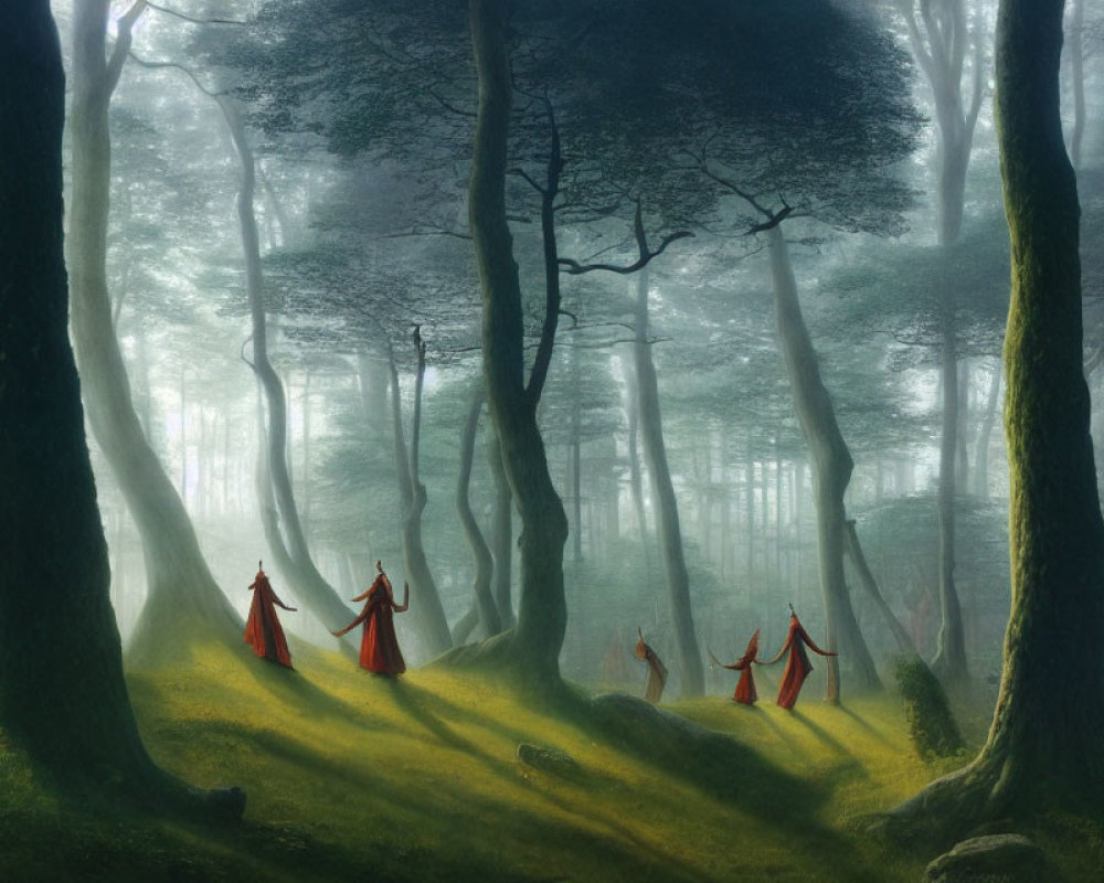 Ethereal forest scene with figures in red cloaks amid towering trees