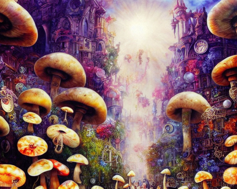 Colorful Landscape with Oversized Mushrooms and Fantastical Structures