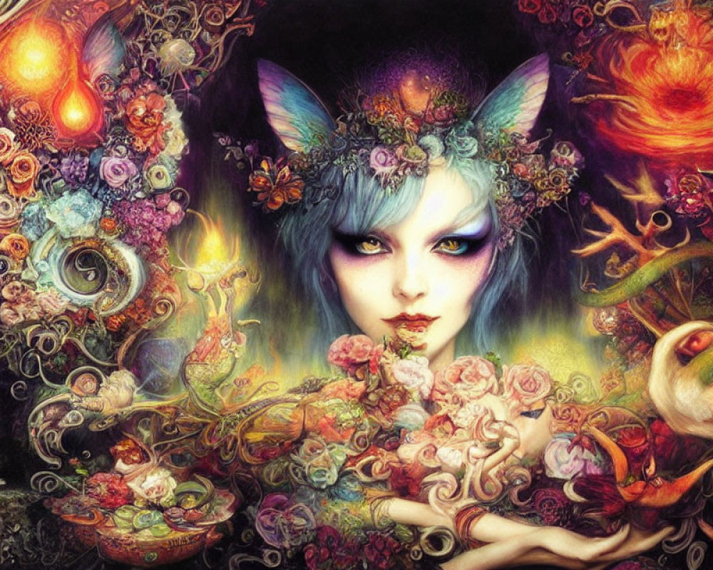 Colorful Artwork: Mystical Creature with Cat Ears and Floral Accents