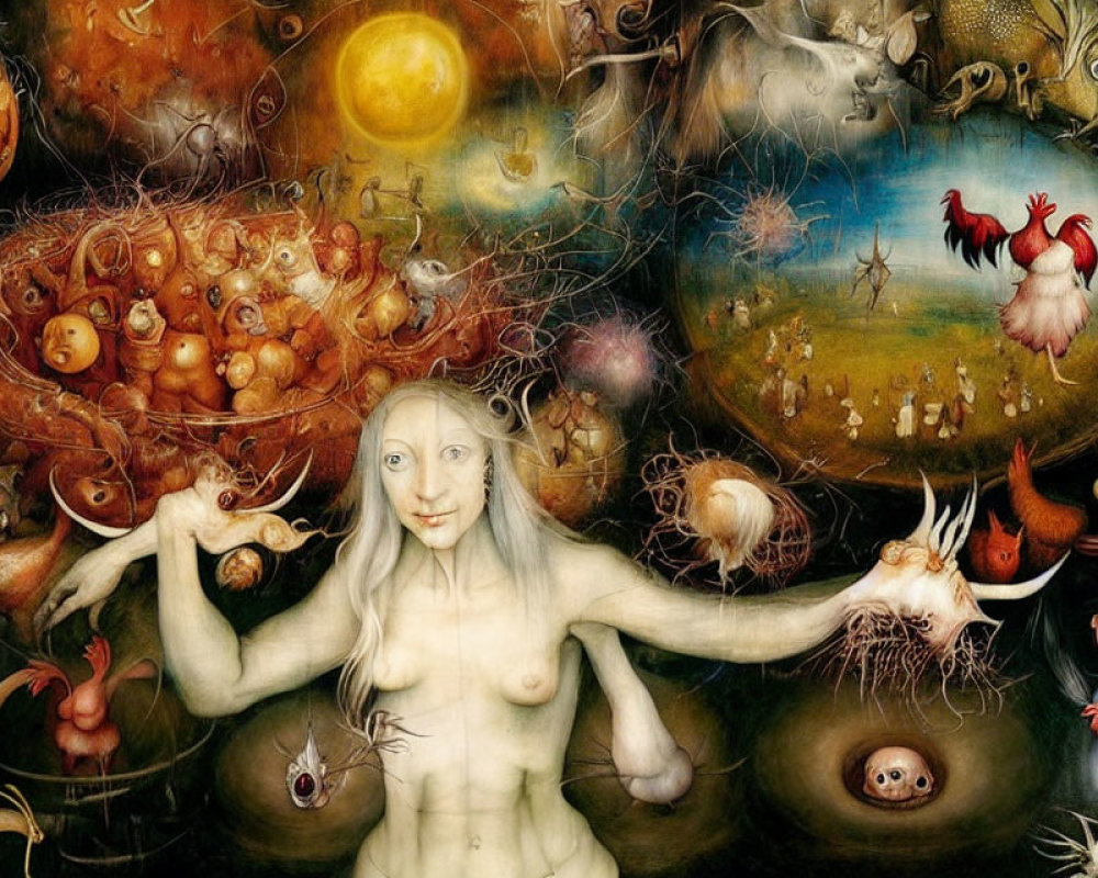 Surreal painting with humanoid figure and fantastical creatures