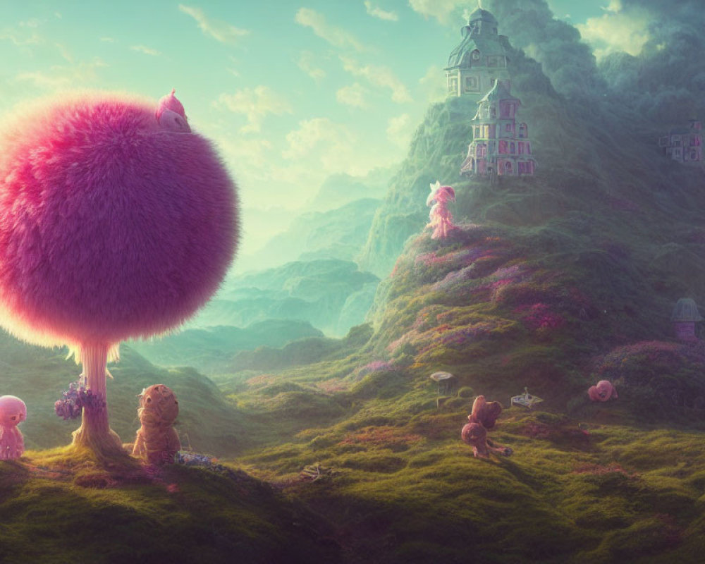 Whimsical landscape with pink trees, creatures, and castle in green hills