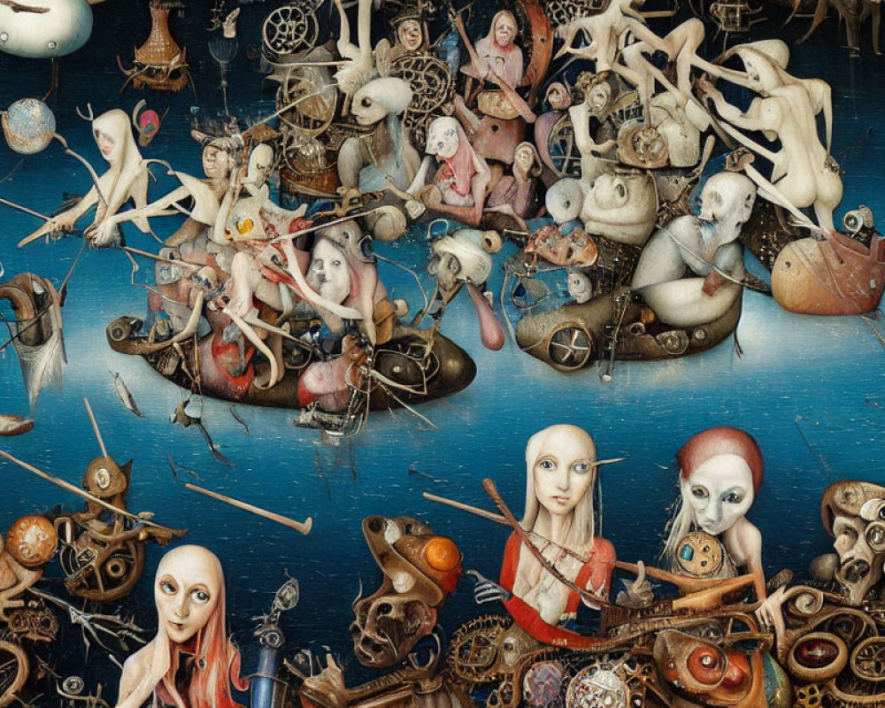 Surreal fantasy painting with humanoid, mechanical, and nautical motifs