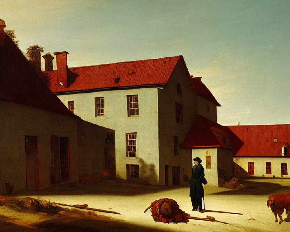 Man standing by red-roofed farmhouse with cows and horse under clear sky