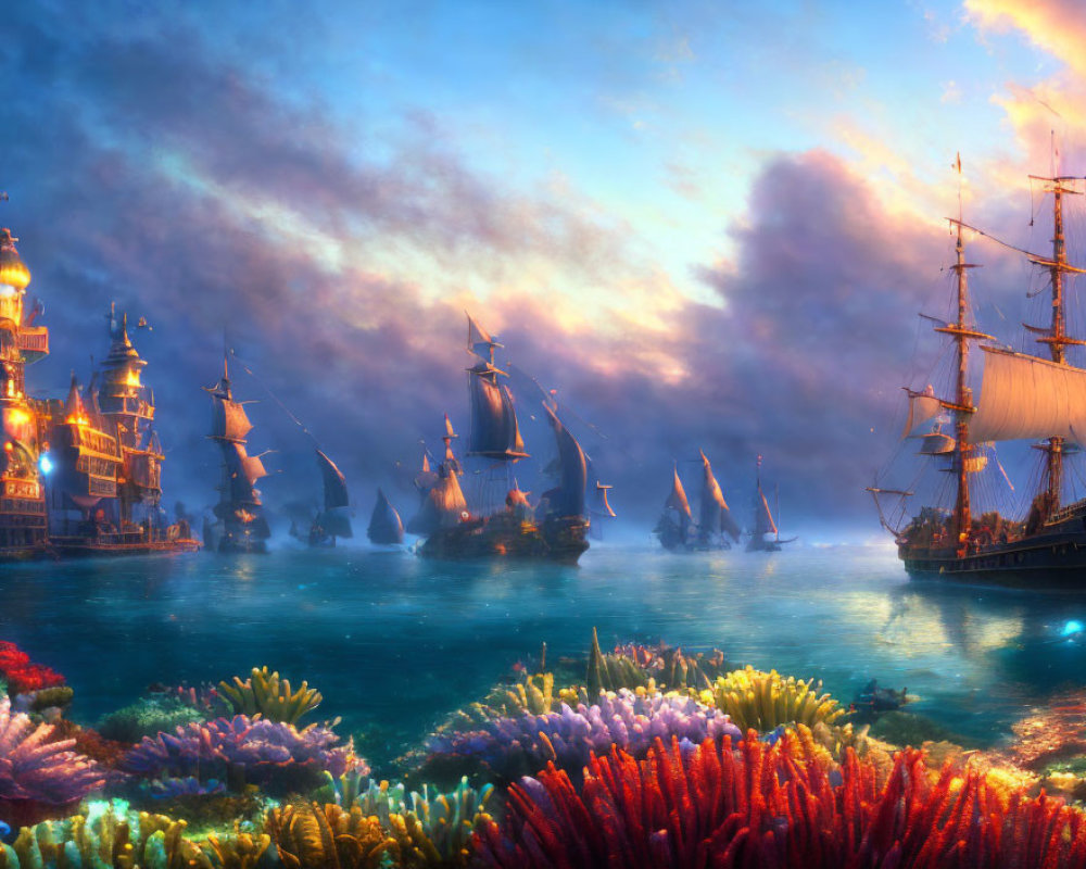 Fantastical seascape with illuminated galleons at dusk