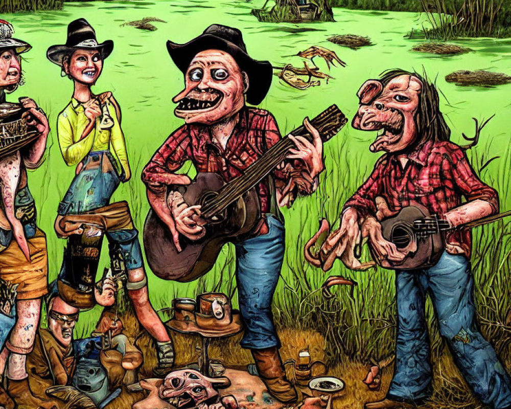 Cartoonish hillbilly characters playing instruments in swampy setting