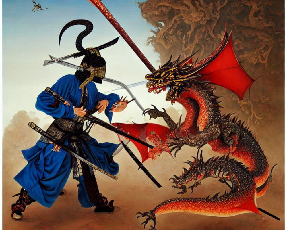 Warrior in Blue Robes Battles Multi-Headed Red Dragon