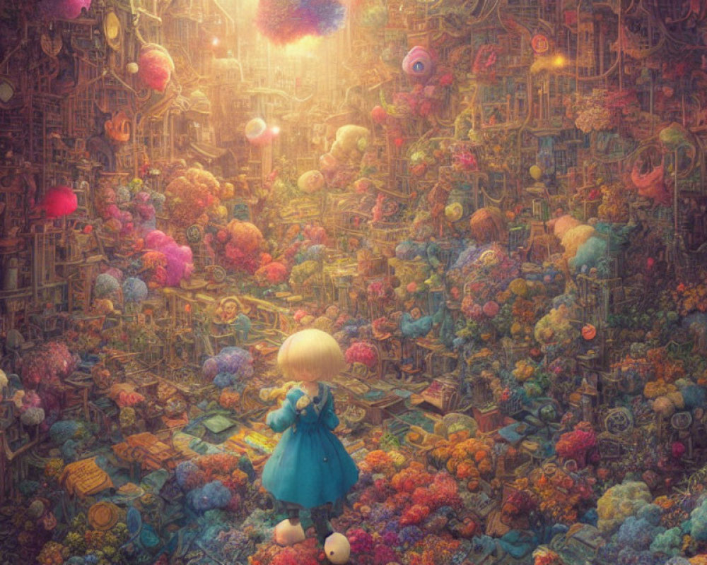 Child with toy in surreal colorful landscape with fantastical structures