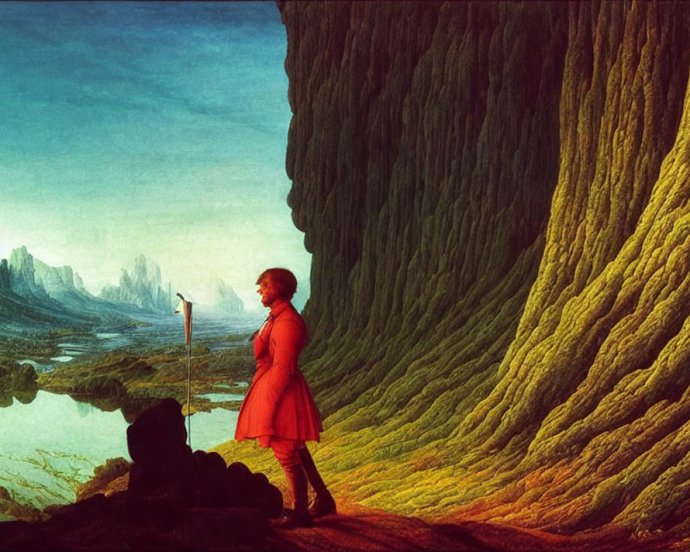 Person in red coat admires majestic landscape with cliffs and spires under green sky