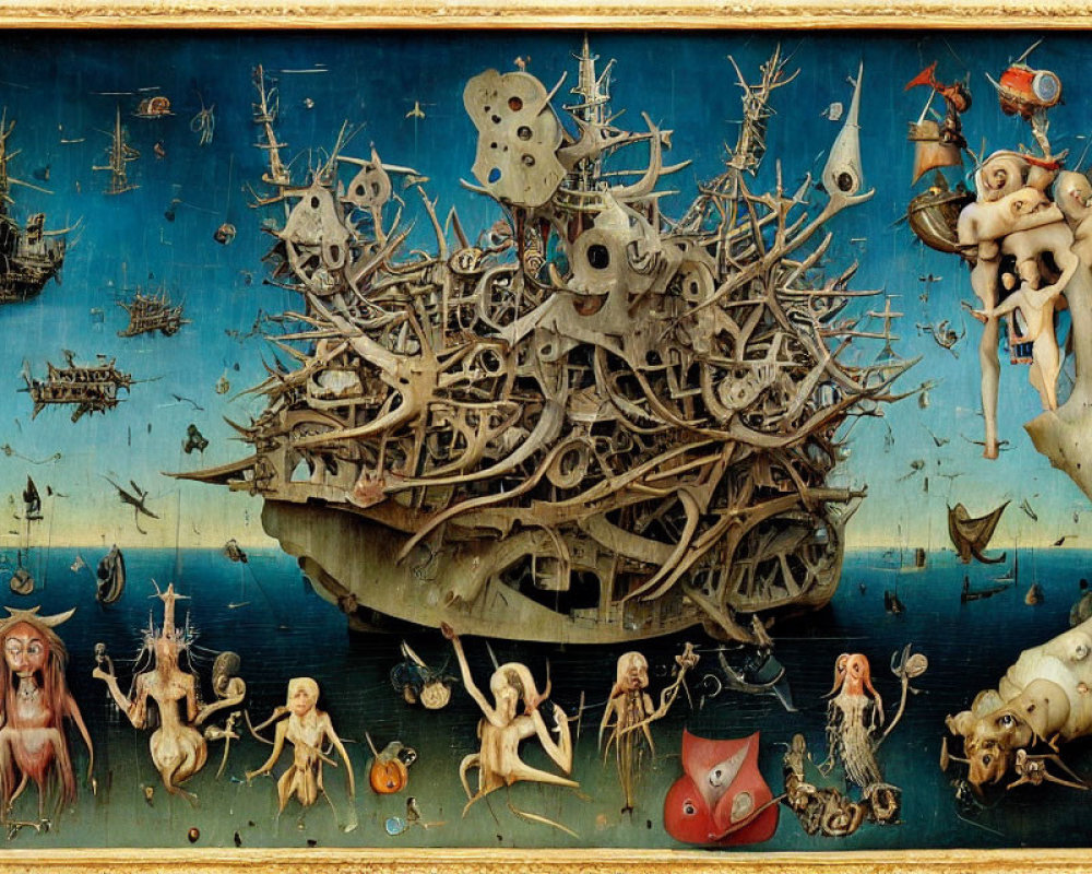 Surreal painting of ship with bizarre creatures and maritime scenes