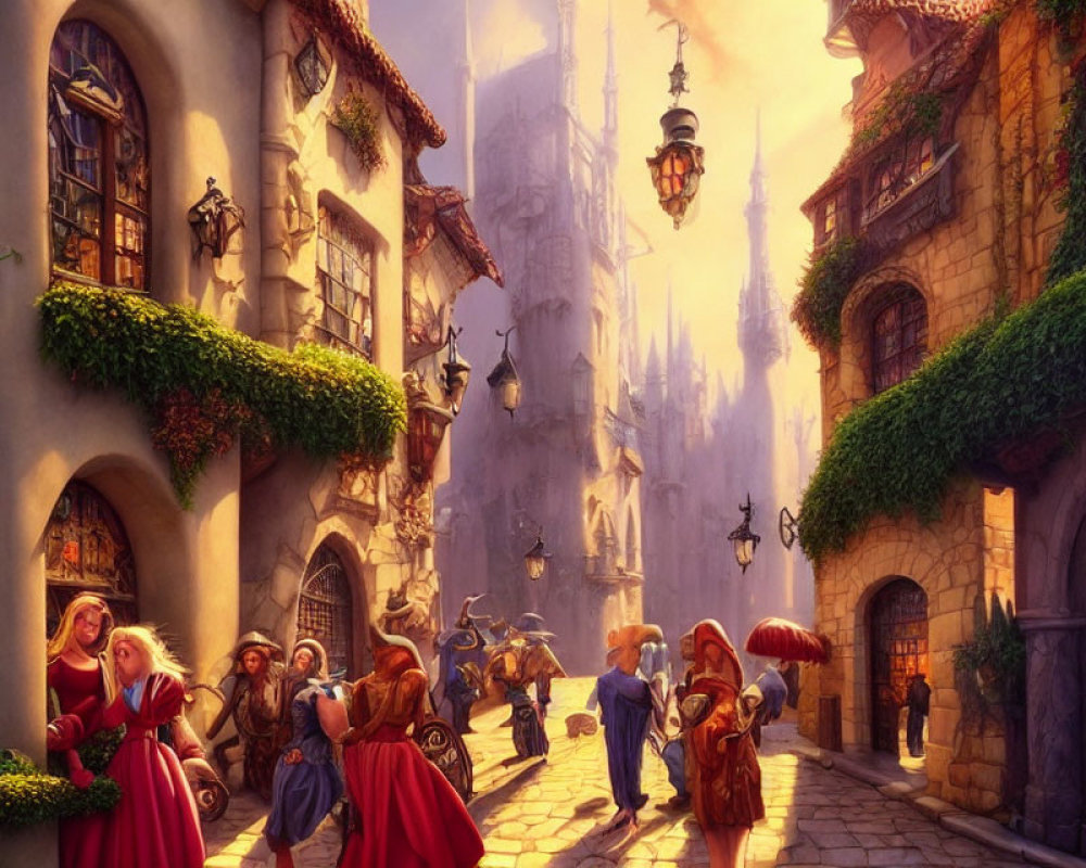 Medieval-style fantasy cityscape with golden light and bustling figures.