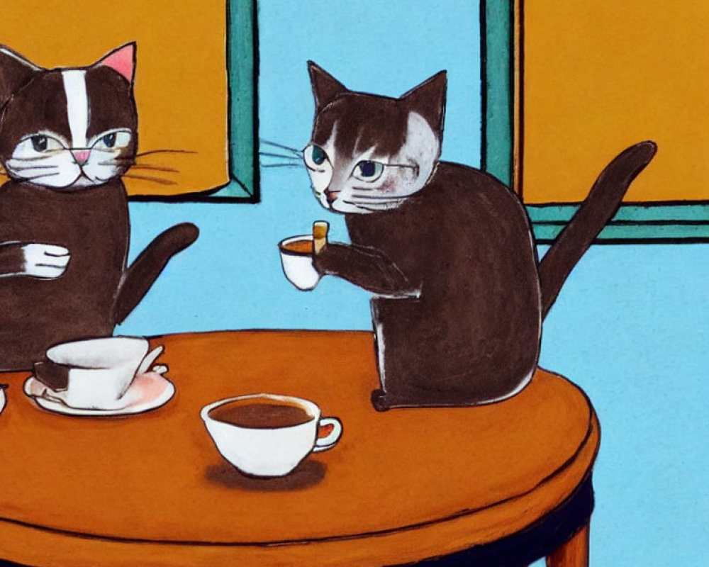 Illustrated cats at table with coffee pot and cup in blue room