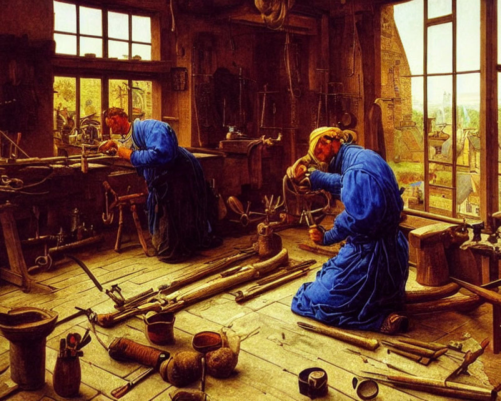 Historical painting of two figures crafting rifles in workshop