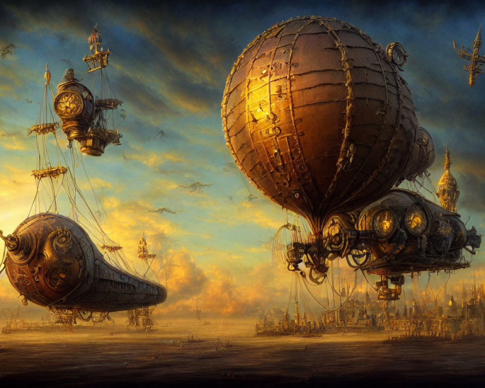 Steampunk Airships Over Golden Cityscape at Dusk