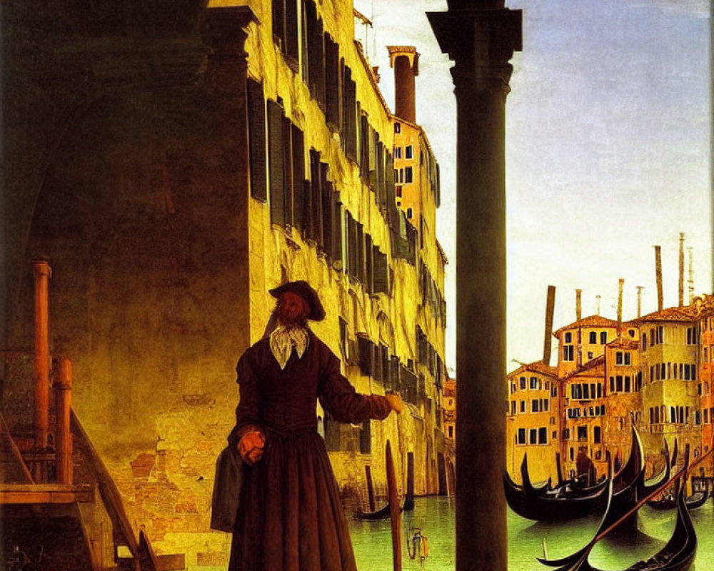 Man in period clothing by column overlooking Venice canal with gondolas & historical buildings.