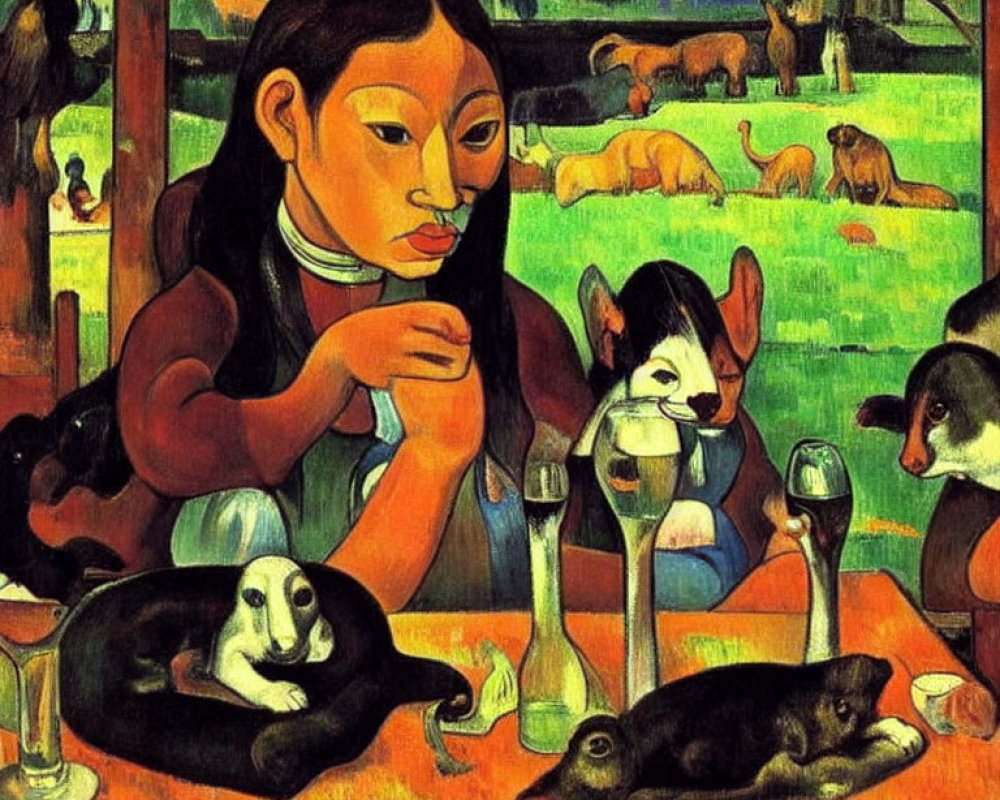 Seated Woman with Dogs and Cattle in Colorful Landscape