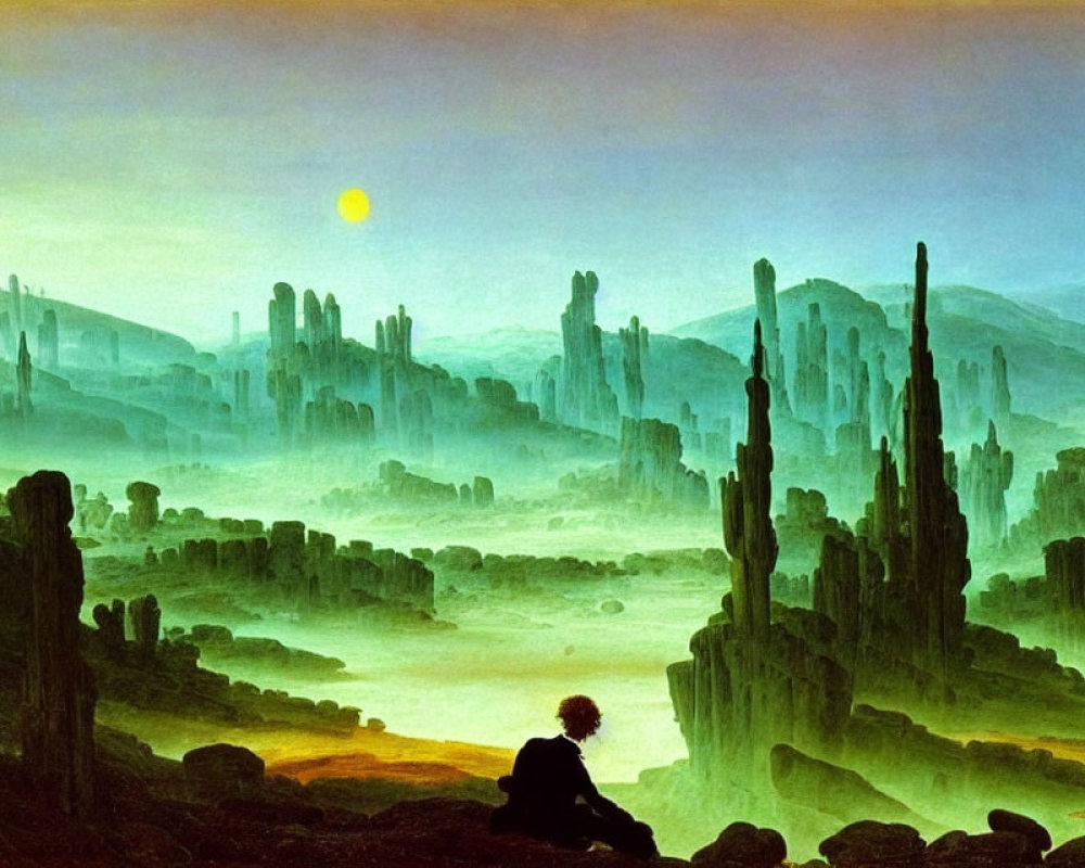 Solitary figure in surreal landscape with towering rock formations