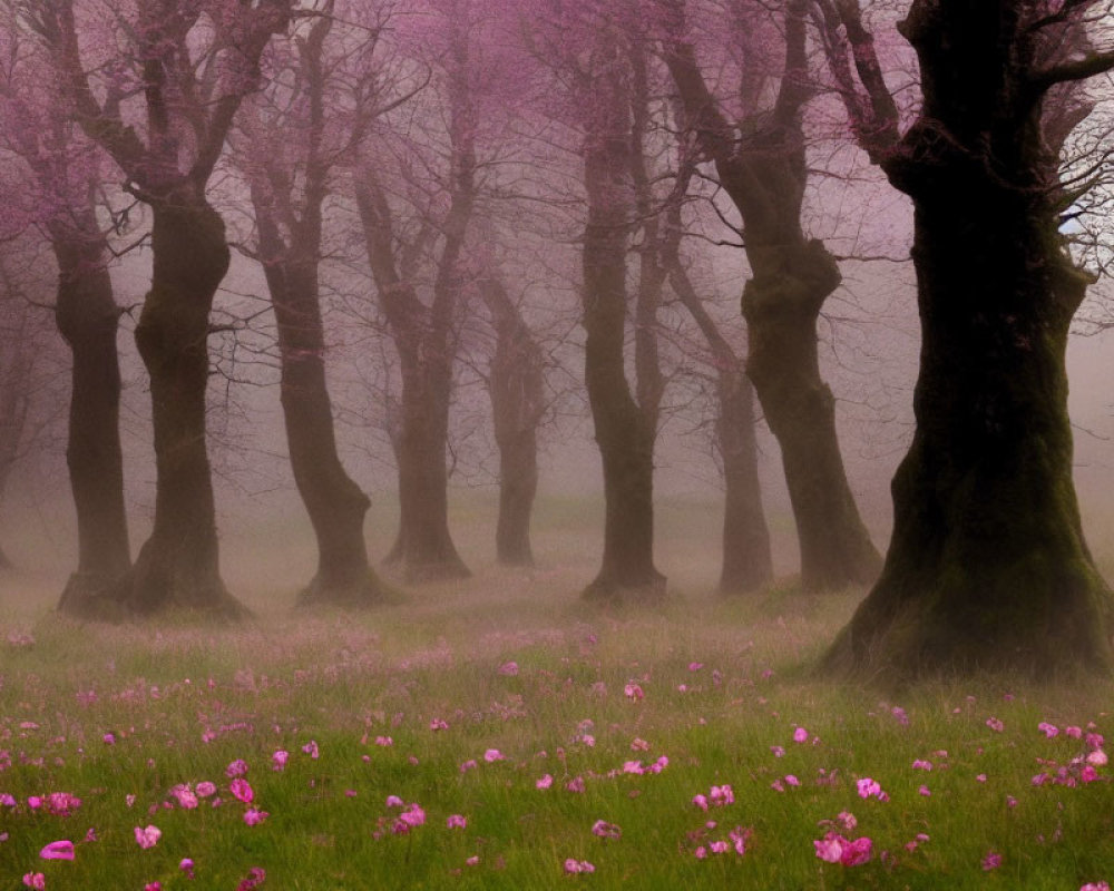 Misty forest with gnarled trees and vibrant pink flowers