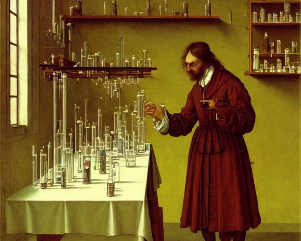 Scientist examining flask in 17th-century laboratory