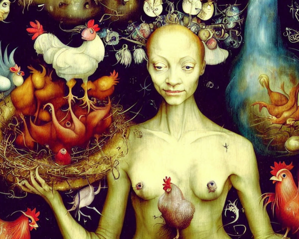 Surreal painting of humanoid figure with bird-like features and nest in fantastical scene