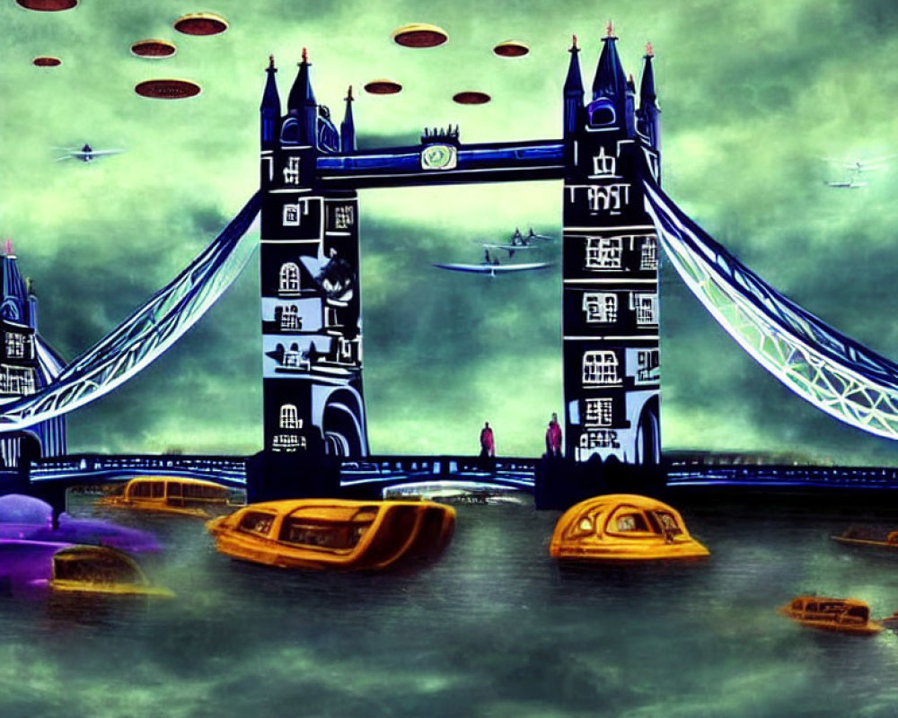 Surreal digital art: Tower Bridge with UFOs in stormy sky