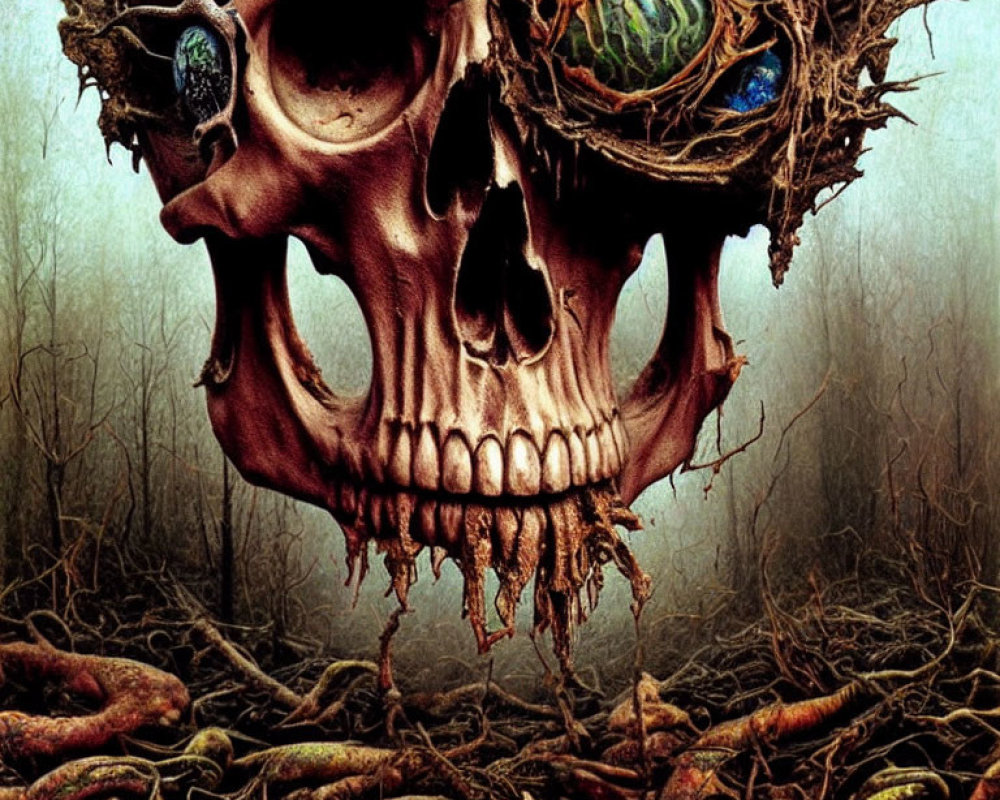 Skull with Nest-Filled Eye Socket in Dark Forest Setting