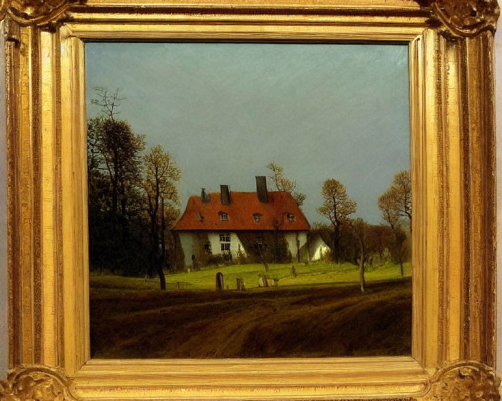 Quaint house in serene landscape with autumn trees in golden frame