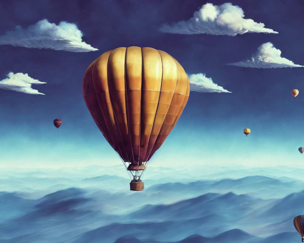 Multiple hot air balloons float above clouds in serene sky