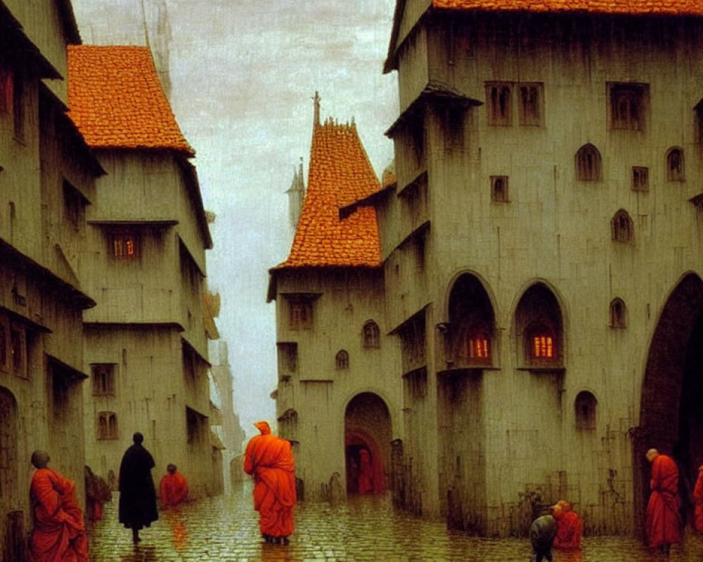 Medieval painting: robed figures on cobblestone street amid stone buildings under gloomy sky