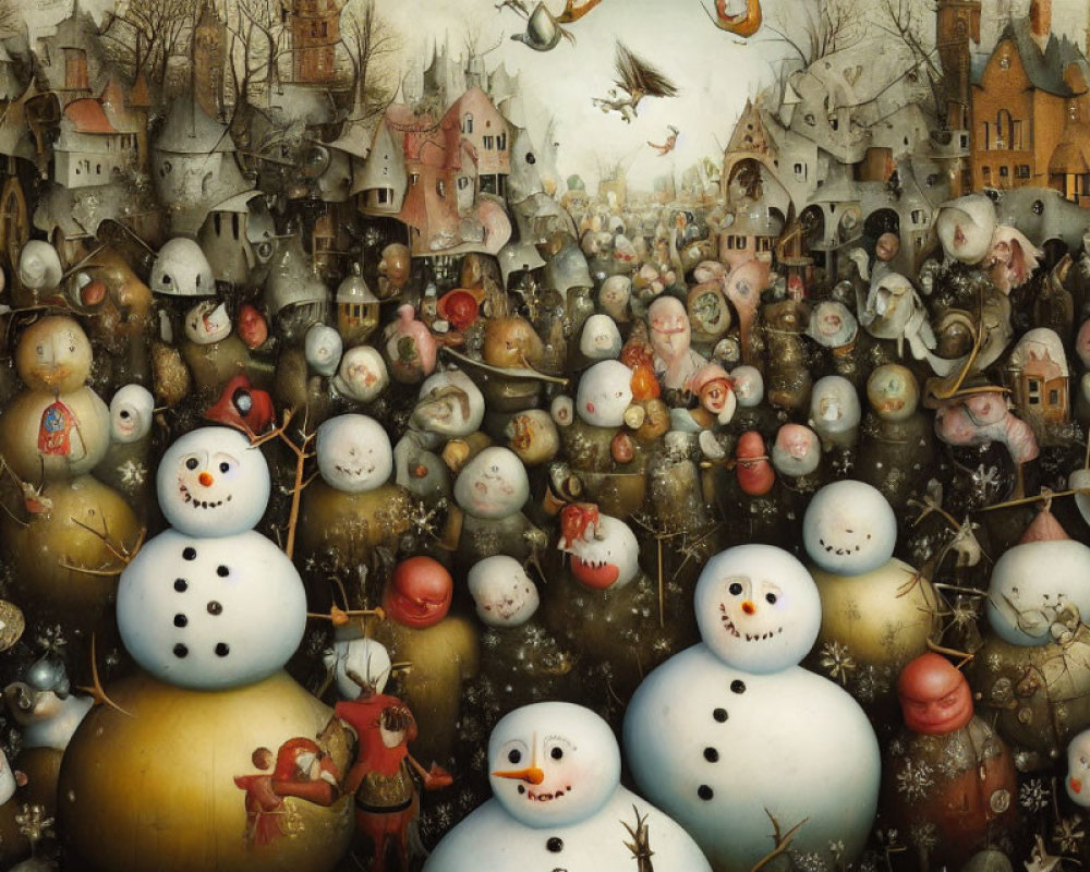 Whimsical snowmen and flying fish in surreal town scene