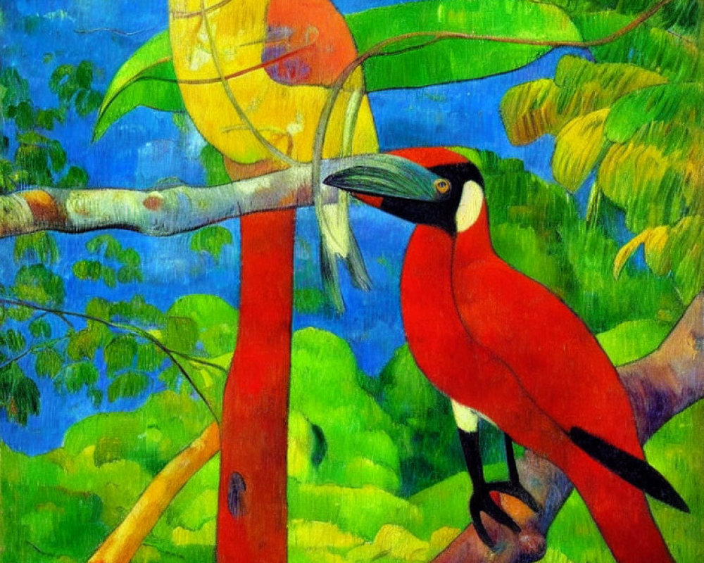 Vibrant tropical jungle painting with red toucan on branch