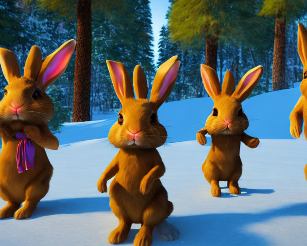 Anthropomorphic rabbits with backpacks in snowy forest scene