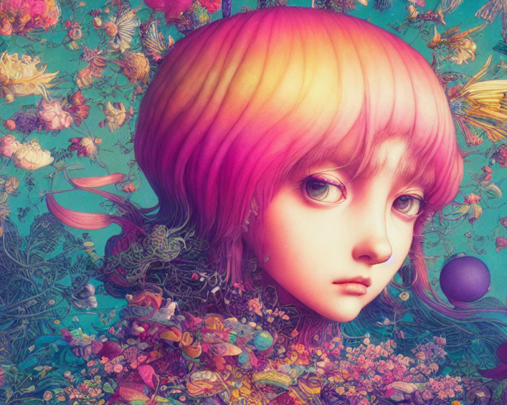 Colorful girl with rainbow hair in surreal floral setting